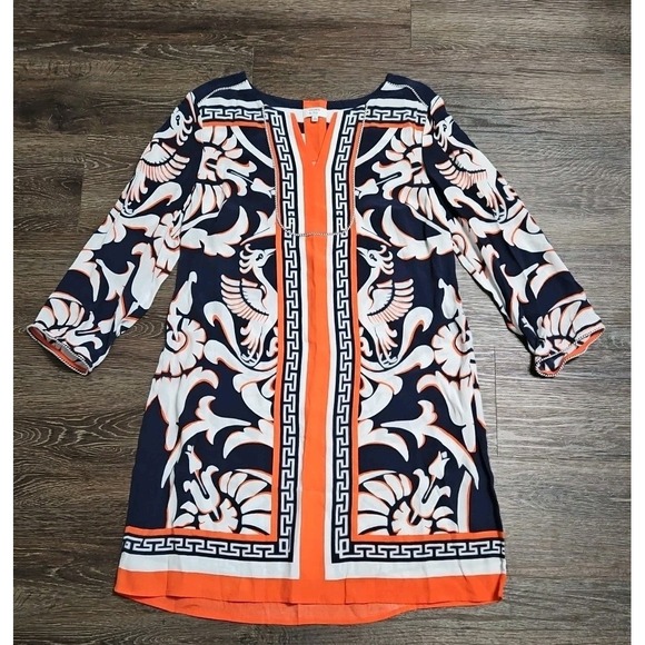 Crown &Ivy Dress Size 8 Orange Navy Blue 3/4‎ Length Sleeve - Picture 4 of 9